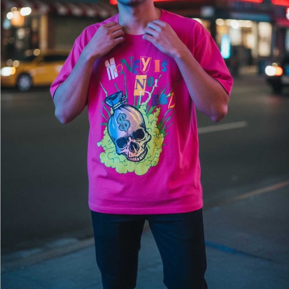 Vibrant Pink Graphic Tee with Skull Design - Picture 3 of 4